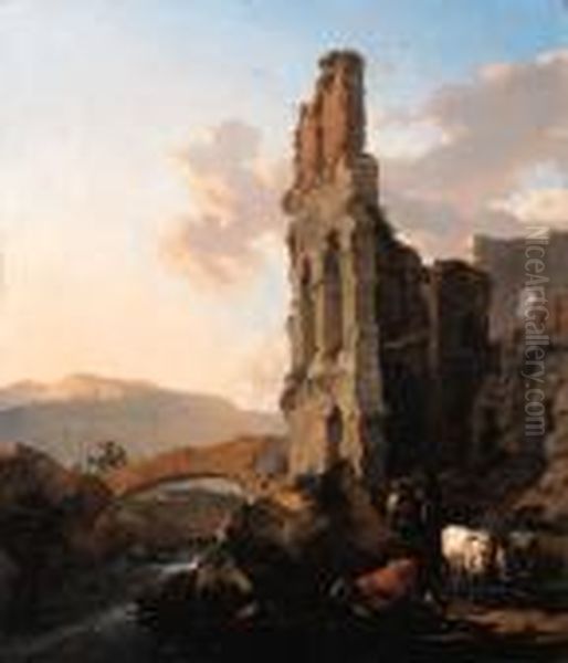An Italianate River Landscape 
With Herdsmen By The Ruins Of Anamphitheatre, And Peasants Crossing A 
Bridge Oil Painting by Nicolaes Berchem