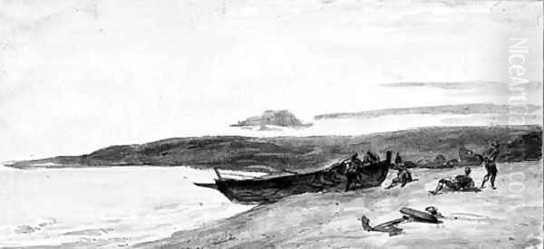 Fishermen pulling a boat ashore at dusk Oil Painting by Paul Huet