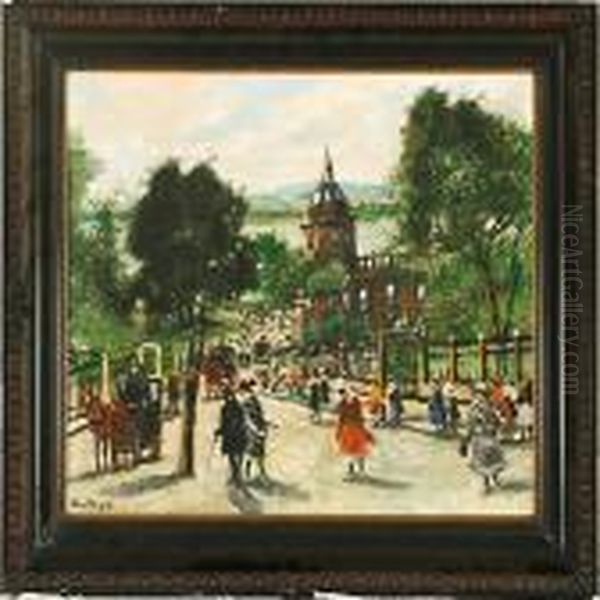 Afternoon Atmosphere With Well-tailored People On A Street, Presumeably In Hungary Oil Painting by Antal Berkes