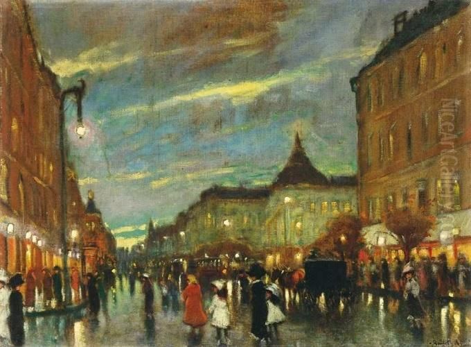 Evening Lights On The Boulevarde Oil Painting by Antal Berkes