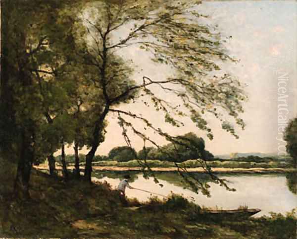 Fishing on the Banks of a River Oil Painting by Henri-Joseph Harpignies