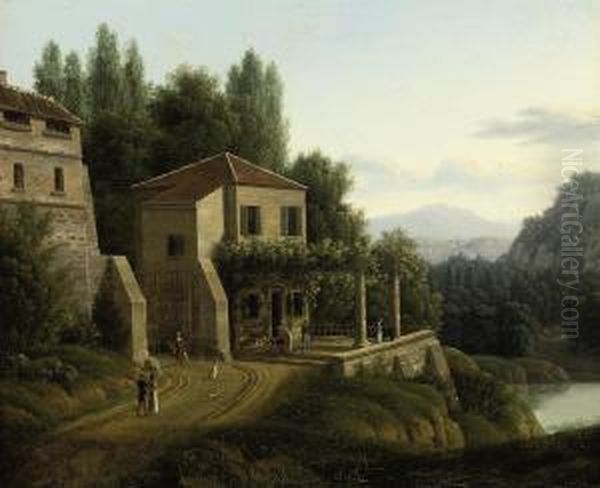 An Italianate River Landscape With Elegant Company Before Avilla Oil Painting by Jean-Victor Bertin