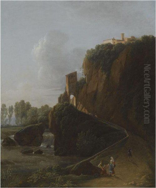 A Landscape With A Waterfall And
 Figures On A Path Leading To Ahill-top Town, Possibly Montecassino Oil Painting by Jean-Victor Bertin
