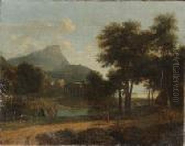 A Wooded Landscape With A 
Shepherd Before A Hamlet; And Travellers On A Track, A Temple Beyond Oil Painting by Jean-Victor Bertin