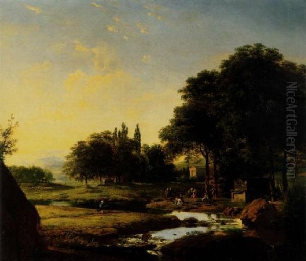 An Arcadian Landscape At Sunset 
With Figures Dancing Near A Tomb, A Classical Temple Beyond Oil Painting by Jean-Victor Bertin