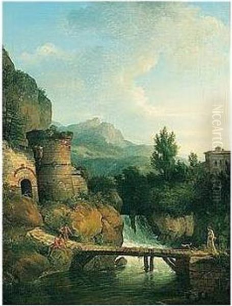 A River Landscape With Fishermen
 And A Lady With A Dog Crossing A Small Wooden Bridge, A Waterfall And 
Mountains Beyond Oil Painting by Jean-Victor Bertin