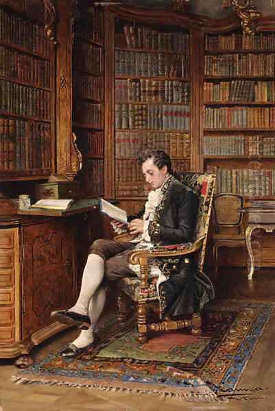 A Gentleman Reading in the Library Oil Painting by Johann Hamza
