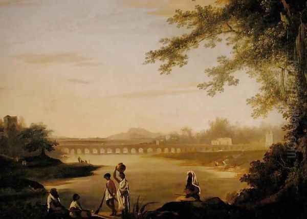 The Marmalong Bridge with a Sepoy and Natives in the Foreground Oil Painting by William Hodges