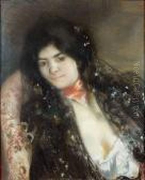 Femme A La Mantille Oil Painting by Paul Albert Besnard