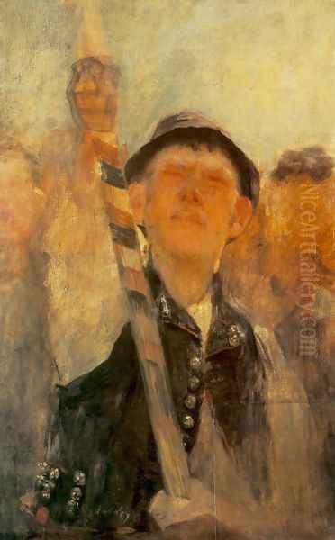 Flag-bearer study for the Rakoczi-march 1899 Oil Painting by Simon Hollosy