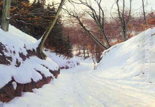Snowy Path in the Early Evening (Sned&aelig;kket vej) Oil Painting by Sigvard Hansen