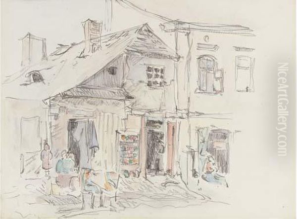A Polish Village Shop; And A Study Of A Woman Seated In Adoorway Oil Painting by Robert Polhill Bevan