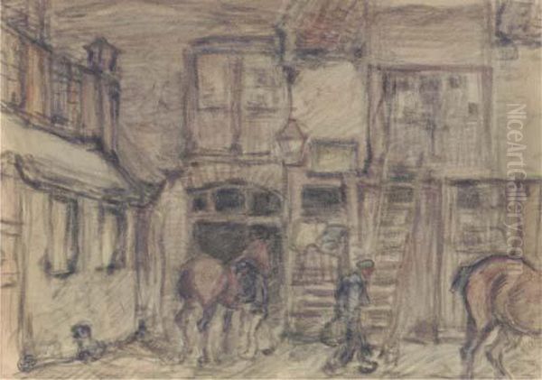 A Stable Yard Oil Painting by Robert Polhill Bevan