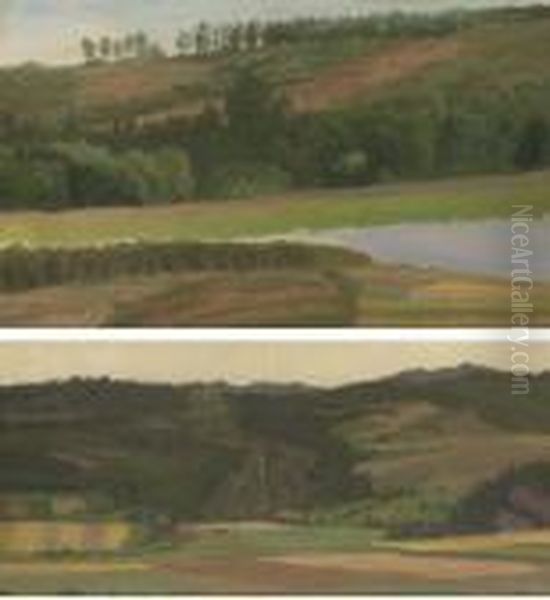 Landscape With Pond, Westphalia,
 Germany; And Fields And Valley, Westphalia, Germany: Two Works Oil Painting by Albert Bierstadt
