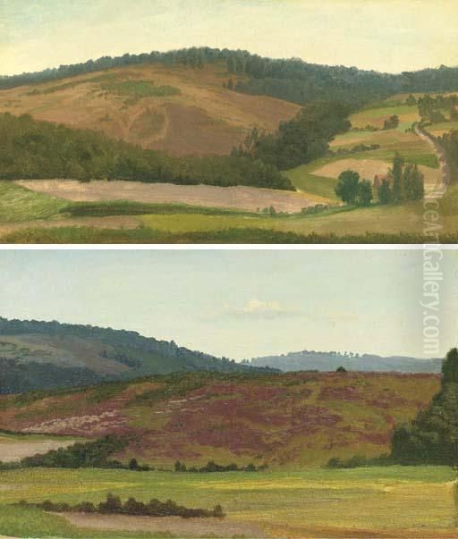 Landscape With Cottage, 
Westphalia, Germany; And Rolling Hills,westphalia, Germany: Two Works Oil Painting by Albert Bierstadt