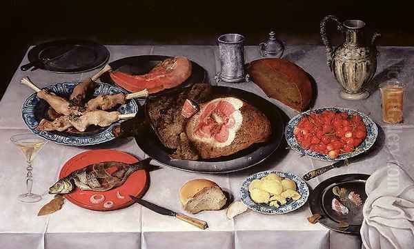 Breakfast piece with a fish ham and cherries Oil Painting by Jacob van Hulsdonck
