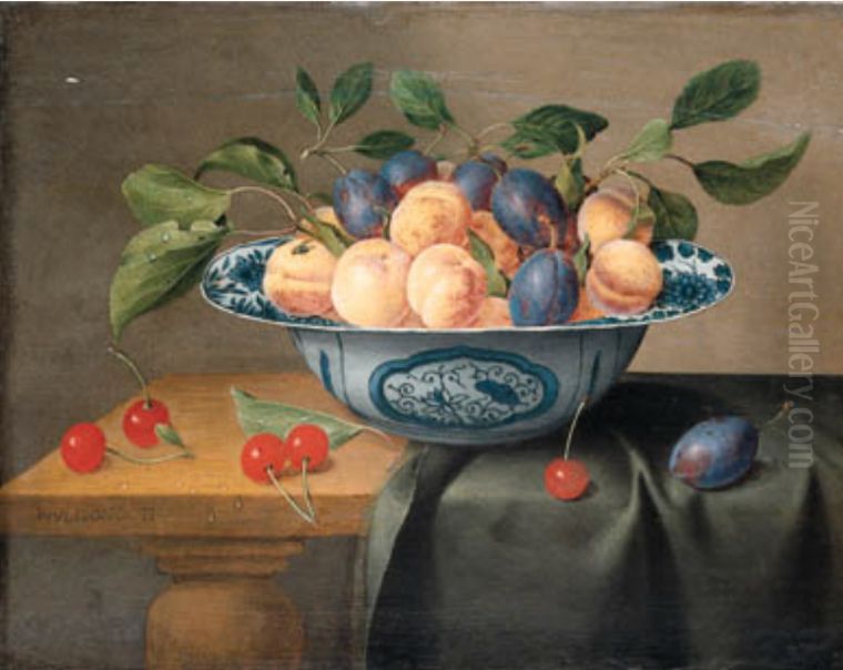 Plums and nectarines in a porcelain bowl with cherries on a partly draped table Oil Painting by Jacob van Hulsdonck