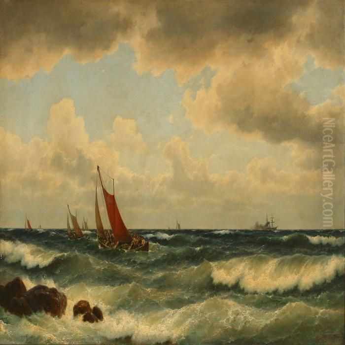 Fishing Boats In Rough Breakers Oil Painting by Carl Ludwig Bille