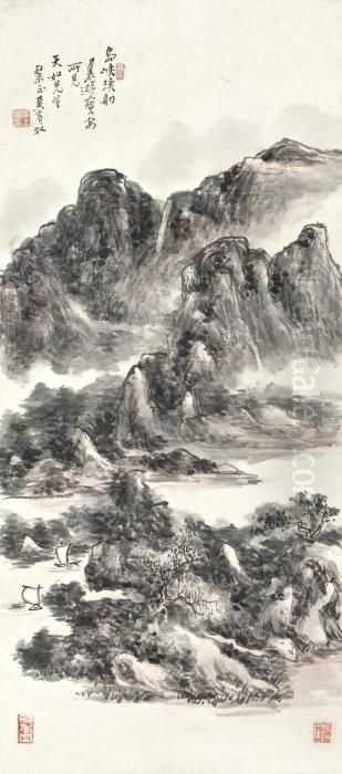 Fishing Boats Off The Coast Oil Painting by Huang Binhong