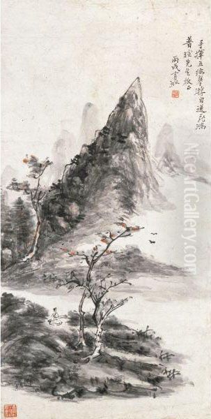 Scholar Playing Qin Oil Painting by Huang Binhong