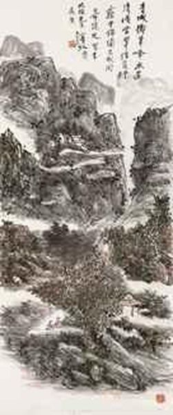 Houses Among Peaks Oil Painting by Huang Binhong