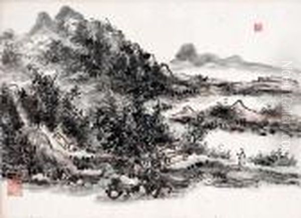 Scholar In Landscape Oil Painting by Huang Binhong