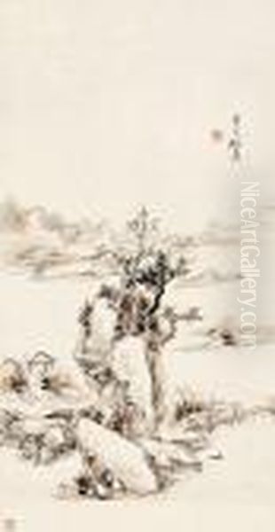 Hut In Mountain Oil Painting by Huang Binhong