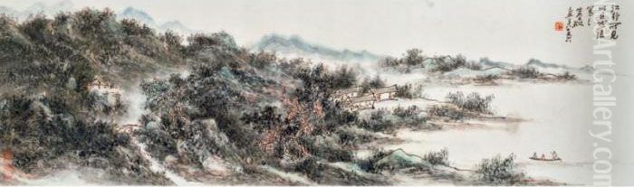 Riverside Scenery Oil Painting by Huang Binhong