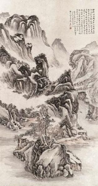 Secluded Houses In The Mountain Oil Painting by Huang Binhong