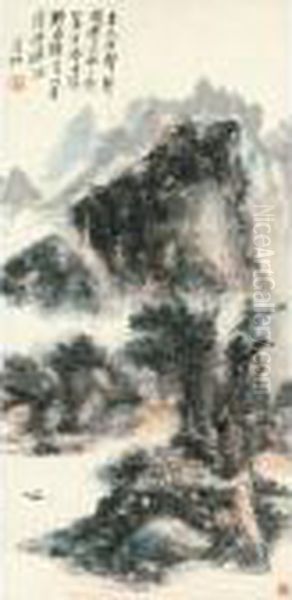 Fishing By The Mountain Brook Oil Painting by Huang Binhong