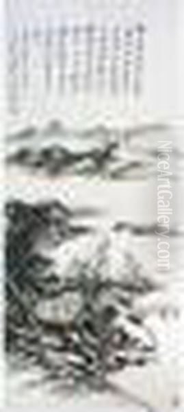 Green And Blue Landscape Oil Painting by Huang Binhong