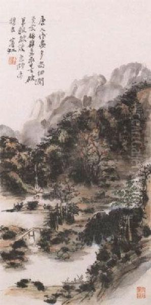 Boating In Autumn River Oil Painting by Huang Binhong