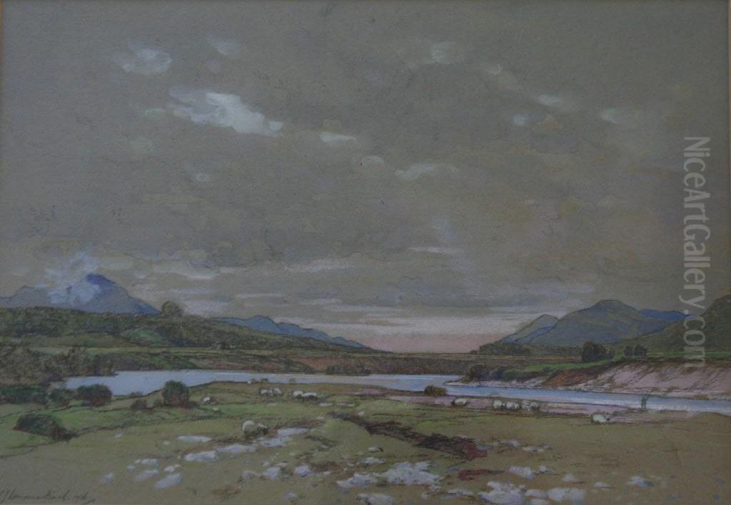 River Landscape With Angler And Sheep Oil Painting by Samuel John Lamorna Birch