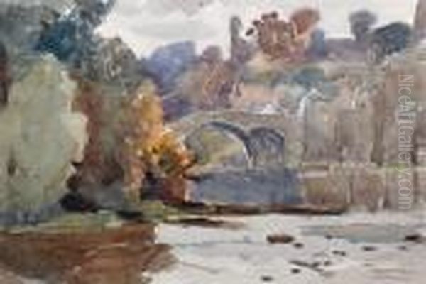River Scene With Town Beyond Oil Painting by Samuel John Lamorna Birch