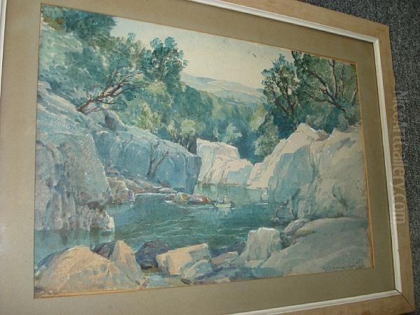 Figures Rowing In A Rocky Lake Oil Painting by Samuel John Lamorna Birch