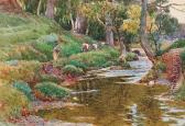 A Girl Herding Cows By A Riverbank Oil Painting by Samuel John Lamorna Birch