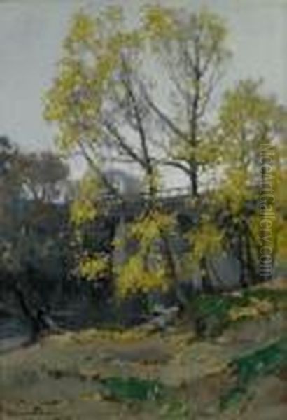 Trees And Bridge By A River Oil Painting by Samuel John Lamorna Birch