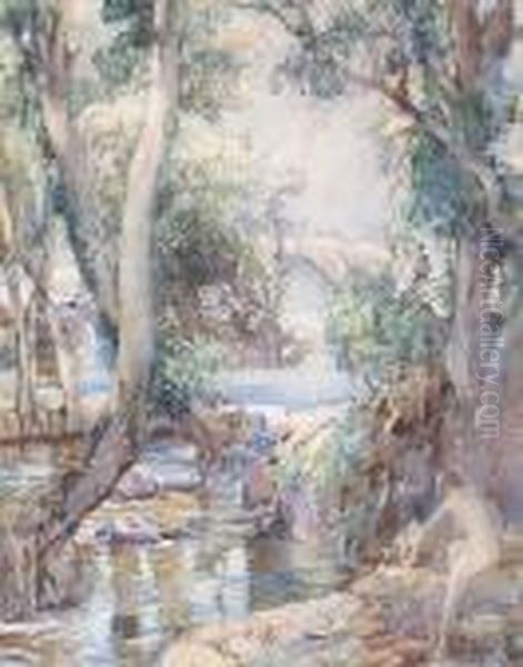 River Landscape With Bather Oil Painting by Samuel John Lamorna Birch