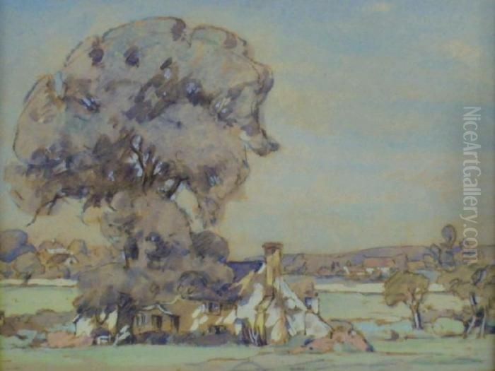 Cottages In A Landscape Oil Painting by Samuel John Lamorna Birch