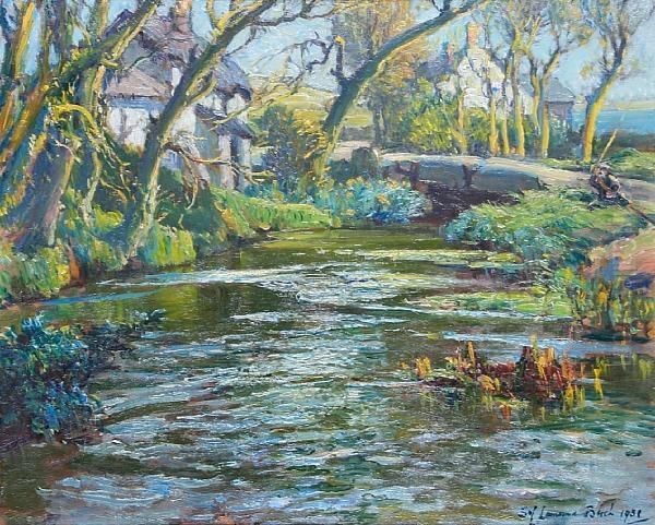 A Tranquil River, With Houses On The River Bank By A Bridge, Possibly Near Lamorna Cove Oil Painting by Samuel John Lamorna Birch