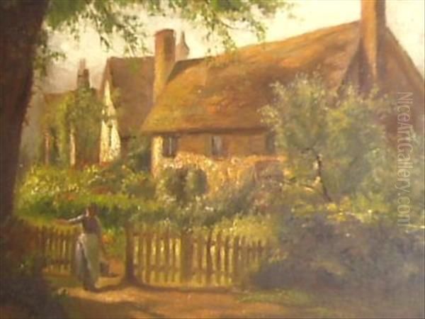 Woman With Milk Pail At The Cottage Gate Oil Painting by Samuel John Lamorna Birch
