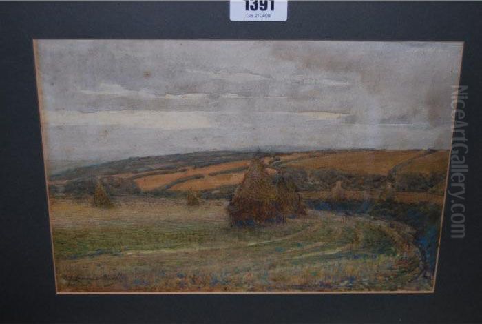 Cornstooks In A Landscape Oil Painting by Samuel John Lamorna Birch