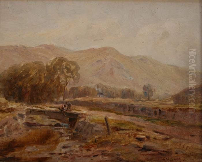 Boys Fishing Off A Bridge Within A Landscape Oil Painting by Samuel John Lamorna Birch