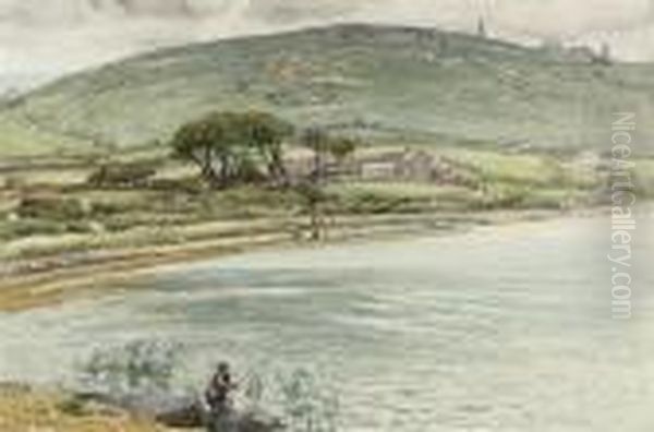 Fishing On The Bussow Reservoir, Halestown, Cornwall Oil Painting by Samuel John Lamorna Birch