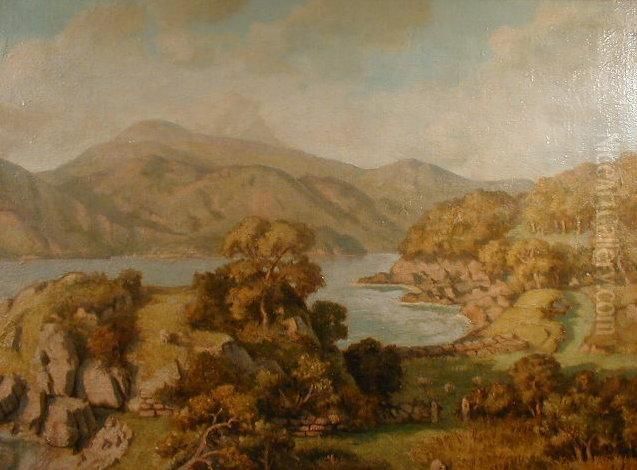 A Lake And Mountain Landscape With Sheep In The Foreground Oil Painting by Samuel John Lamorna Birch