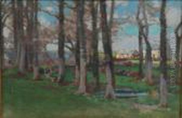 Sunlit Cottages Through Trees. Oil Painting by Samuel John Lamorna Birch