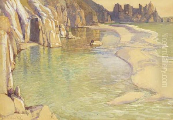 Pedn Vounder Beach And Carn Dhu Cornwall Oil Painting by Samuel John Lamorna Birch