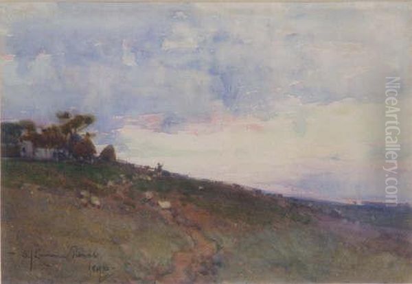 Sheep On A Hillside At Sunset Signed And Dated 1896 5 X 7.5in Oil Painting by Samuel John Lamorna Birch
