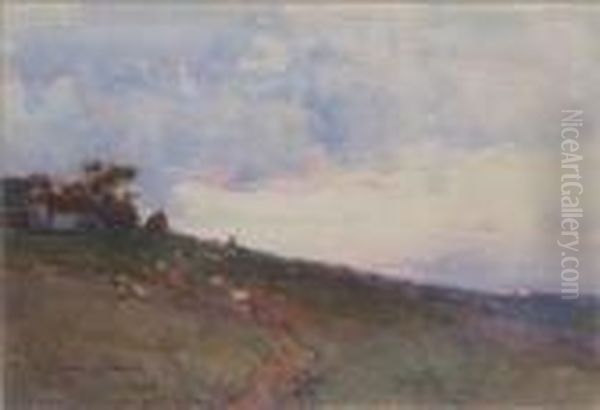 Sheep On A Hillside At Sunset Oil Painting by Samuel John Lamorna Birch