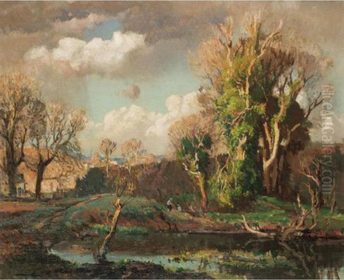 Figures On A River Bank Oil Painting by Samuel John Lamorna Birch